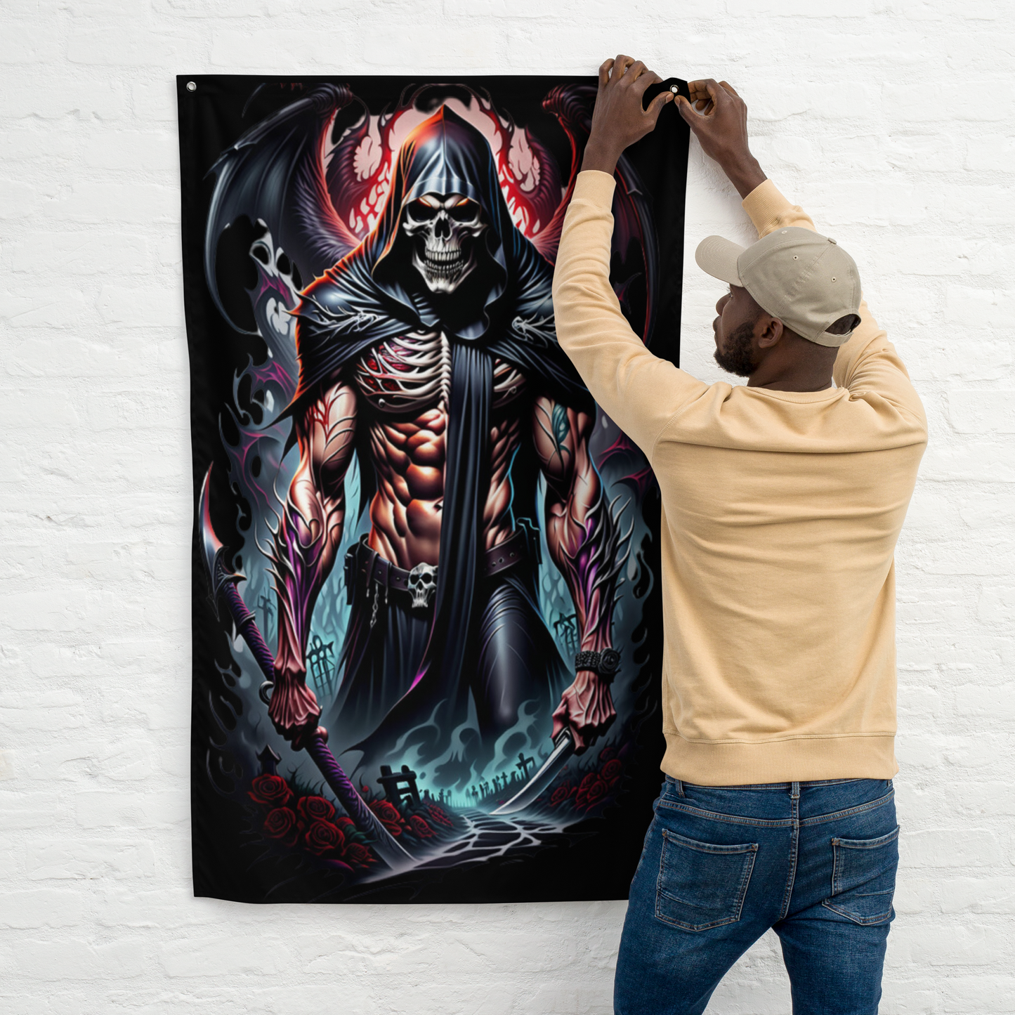3d Evil grim reaper, colourful Flag/wall art