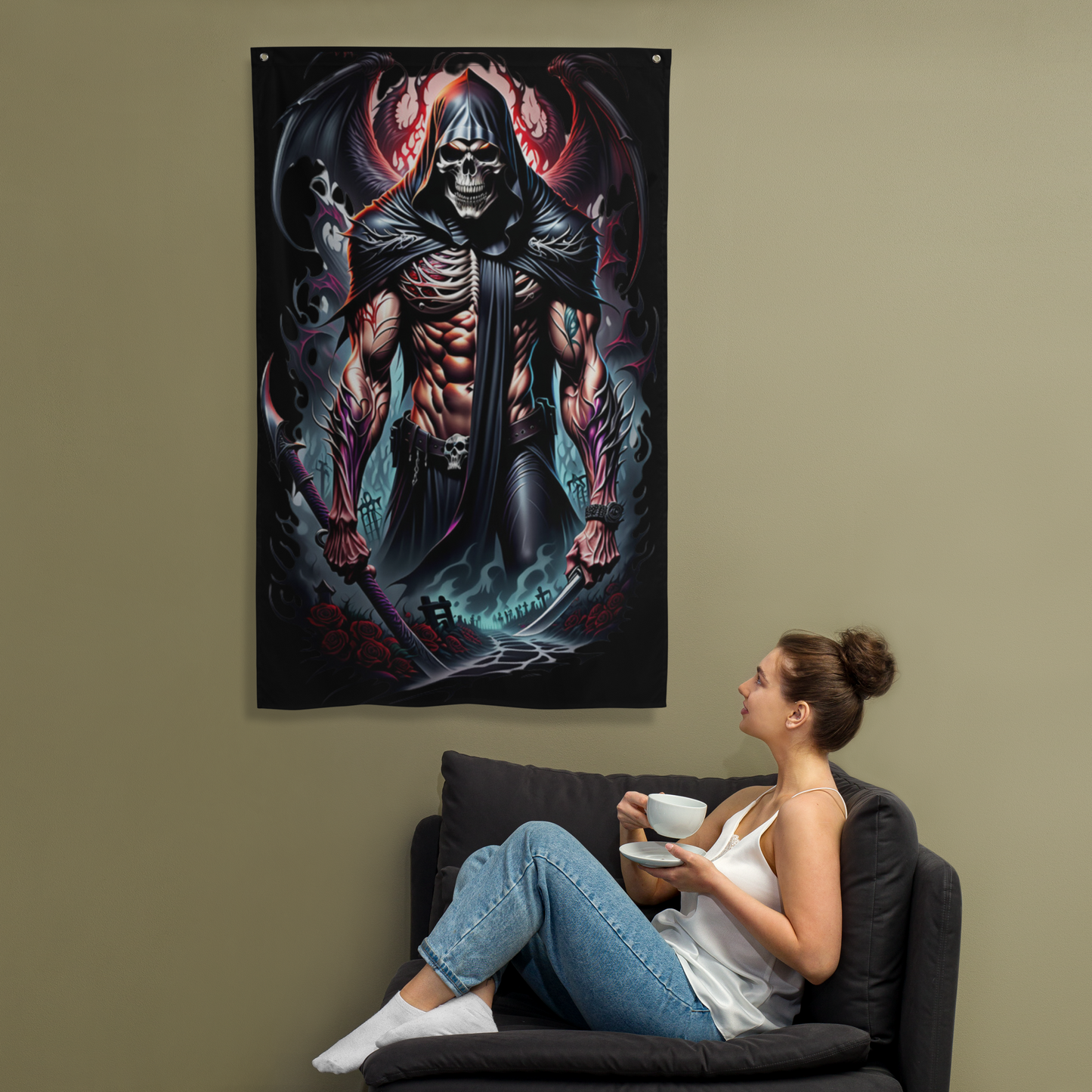 3d Evil grim reaper, colourful Flag/wall art