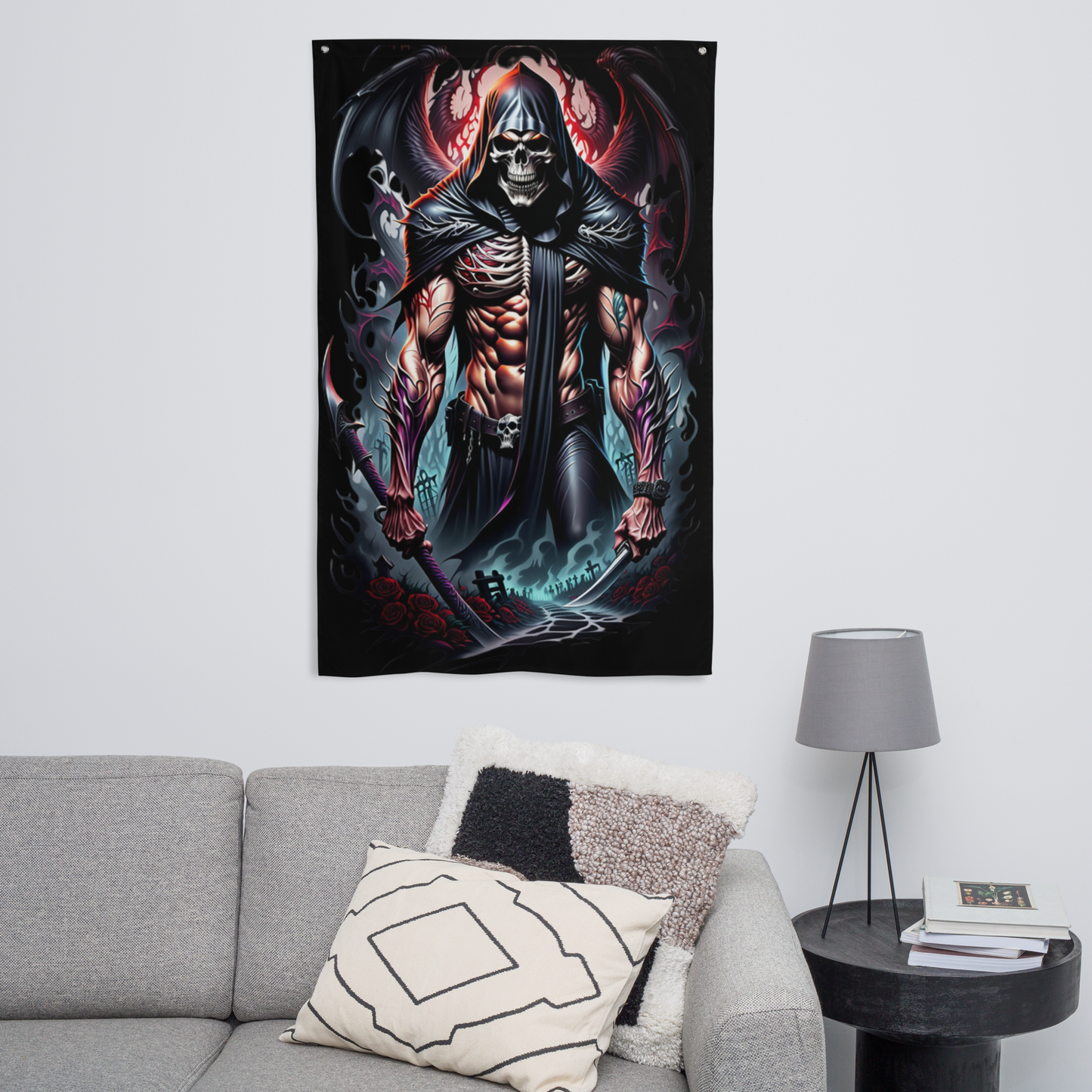 3d Evil grim reaper, colourful Flag/wall art