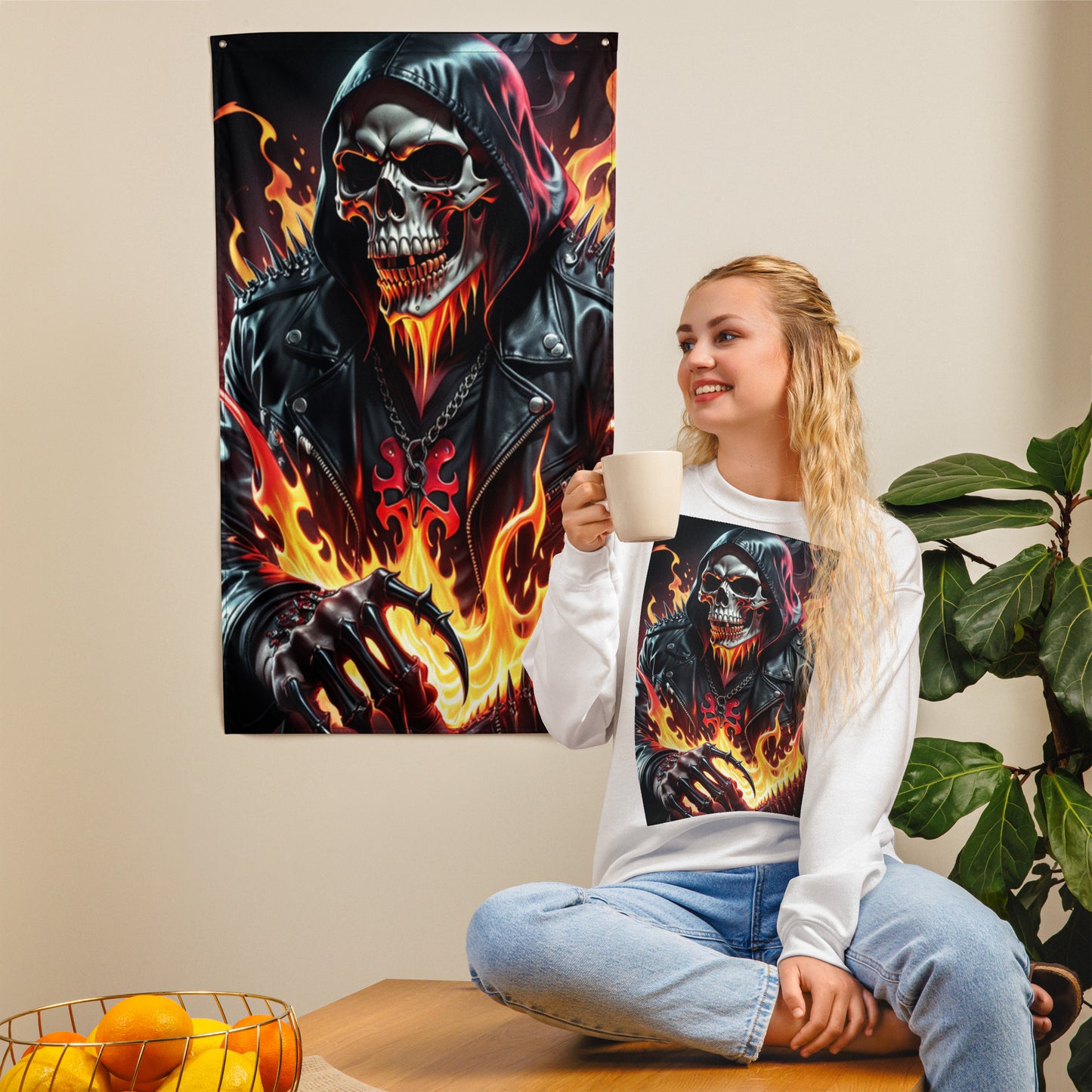 3d, biker style, spiked leather, grim reaper reaching out of the picture, flag/wall art.