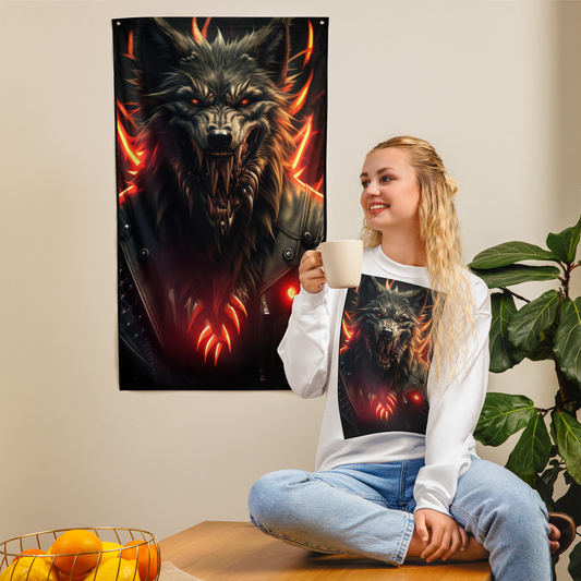 3d love skulz , mean looking biker werewolf Flag /wall art.
