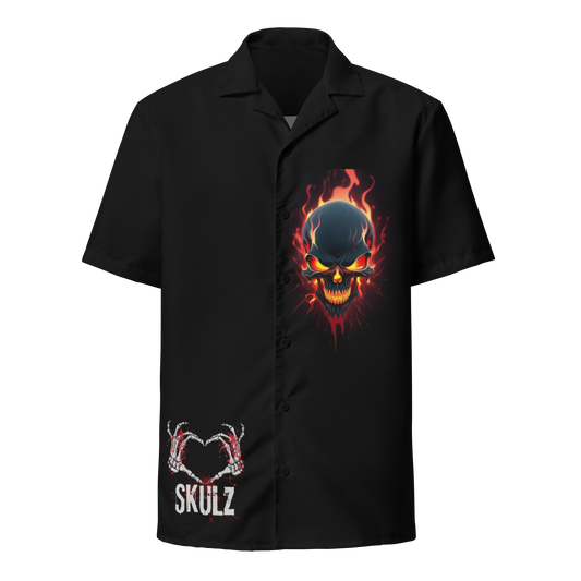 3d love skulz evil , flames black Unisex button shirt